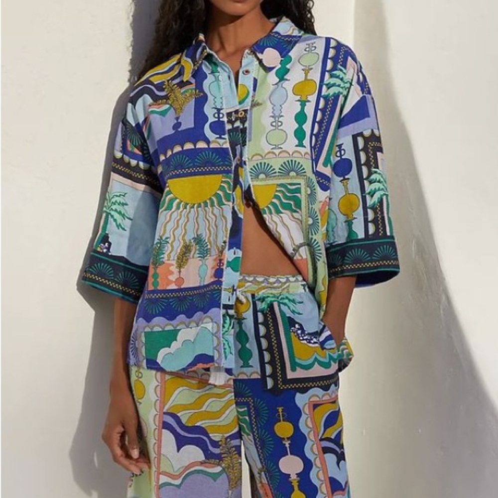 By Anthropologie Short-Sleeve Printed Linen Buttondown Shirt